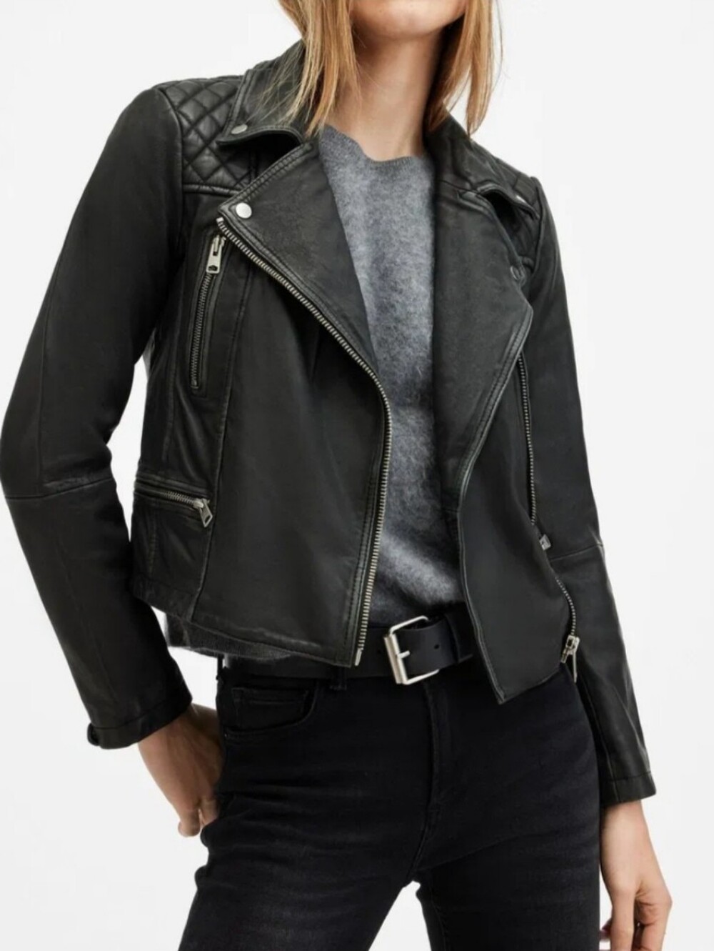 ALL SAINTS Cargo Distressed Leather Biker Jacket Black size 6